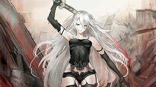 female anime character with white hair holding sword digital wallpaper, Nier: Automata, A2 (Nier: Automata), NieR