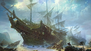 brown galleon ship illustration, ship, artwork, drawing, sailing ship