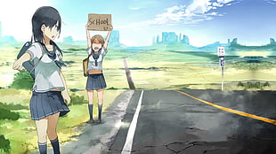 two female character standing near road