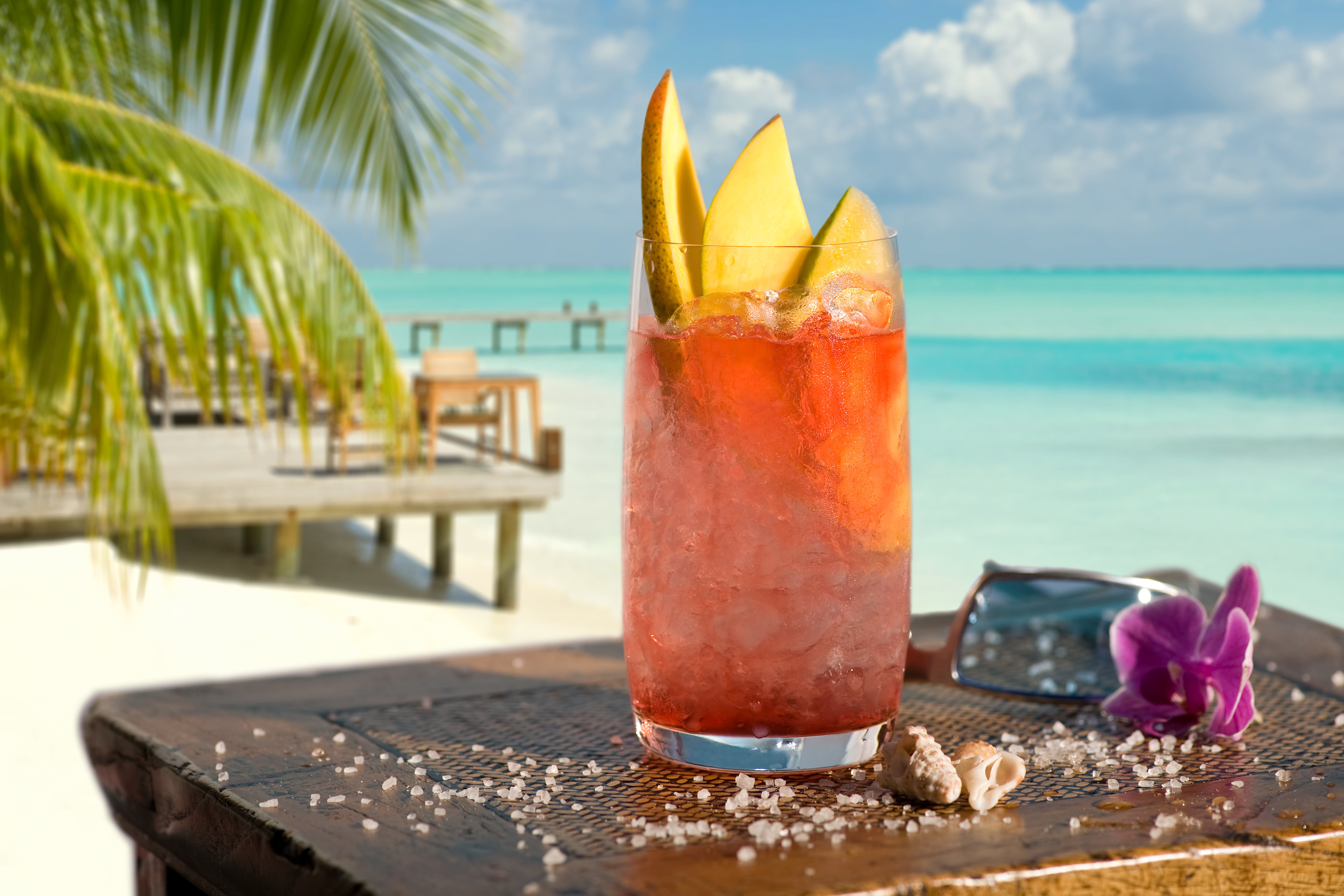 orange and clear glass vase, beach, cocktails, palm trees