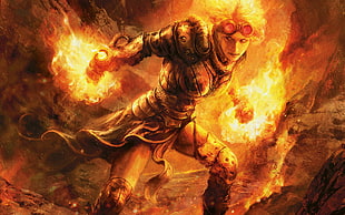 man with fire on hands painting, video games, digital art, Magic: The Gathering, Chandra Nalaar