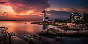 white lighthouse beside body of water painting, nature, landscape, sunset, lighthouse