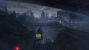 train on railway towards city painting