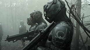 people wearing gray full body armors in forest covered in fog