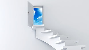 white wooden staircase, digital art, white background, stairs, door
