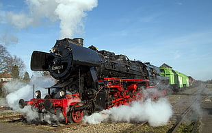 red, black, and green locomotive train, train, steam locomotive