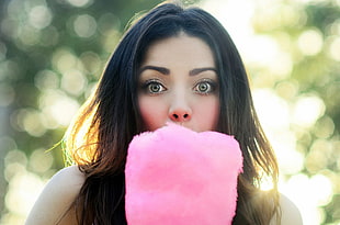 pink cotton candy, face, green eyes, cotton candy HD wallpaper
