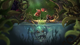 gray piranha digital wallpaper, League of Legends, Ziggs, fish, water