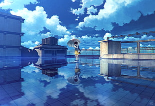 female anime character illustration, digital art, artwork, landscape, cityscape