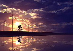 black and brown wooden cabinet, anime, sky, cycling