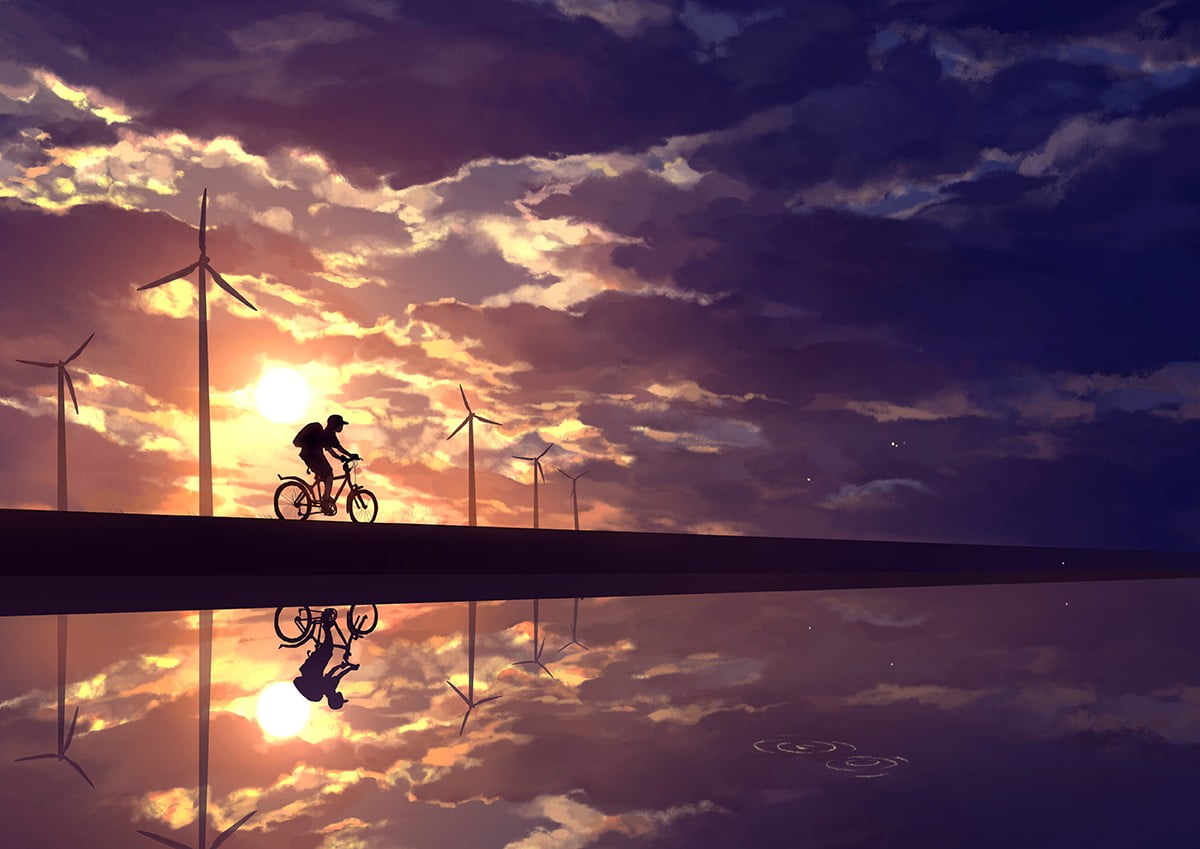black and brown wooden cabinet, anime, sky, cycling