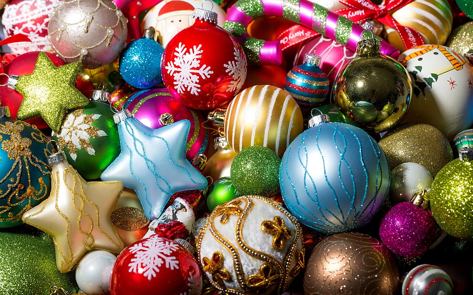 assorted bauble lot, New Year, snow, Christmas ornaments , decorations HD wallpaper
