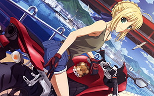 yellow haired female anime character riding motorcycle