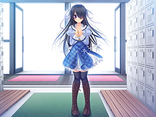 female anime character wearing gray and blue dress digital wallpaper HD wallpaper