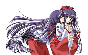 two purple haired female anime characters with red-and-white dresses wallpaper