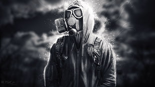 men's pullover hoodie, gas masks, digital art, artwork, hoods