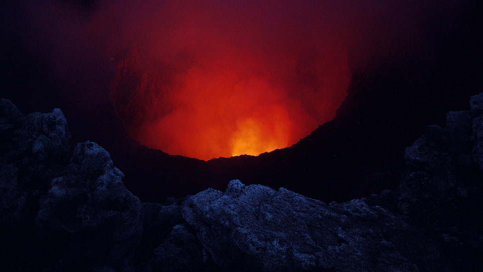 silhouette of mountain, nature, landscape, volcano, lava HD wallpaper
