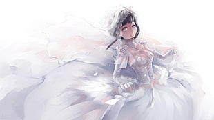 black haired female anime character wearing white dress illusration HD wallpaper