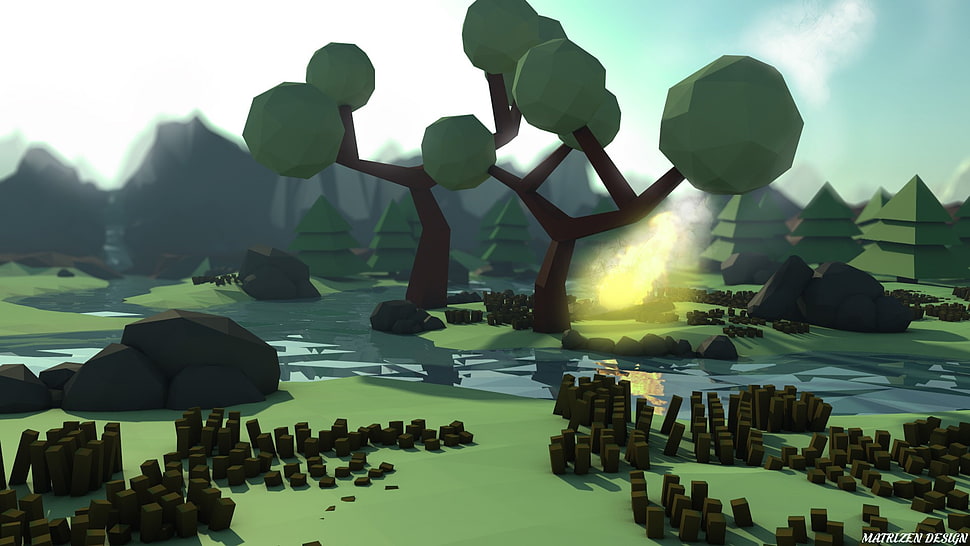 green leafed tree illustration, low poly, trees, mountains, landscape HD wallpaper