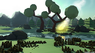 green leafed tree illustration, low poly, trees, mountains, landscape