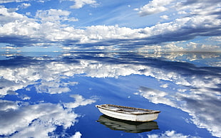 white and brown wooden boat in body of blue water with sky and clouds background HD wallpaper