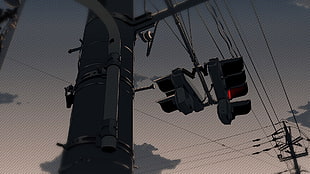 electrical post illustration, anime, street light, sky, traffic lights HD wallpaper