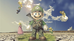 Super Mario standing on green grass under cloudy sky