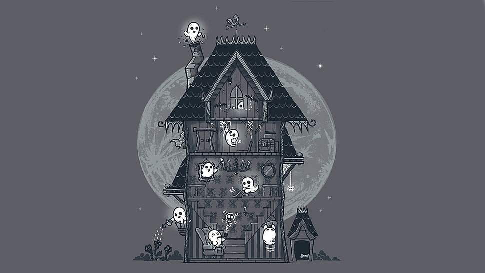gray and white ghost house illustration, artwork, ghosts HD wallpaper