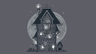 gray and white ghost house illustration, artwork, ghosts
