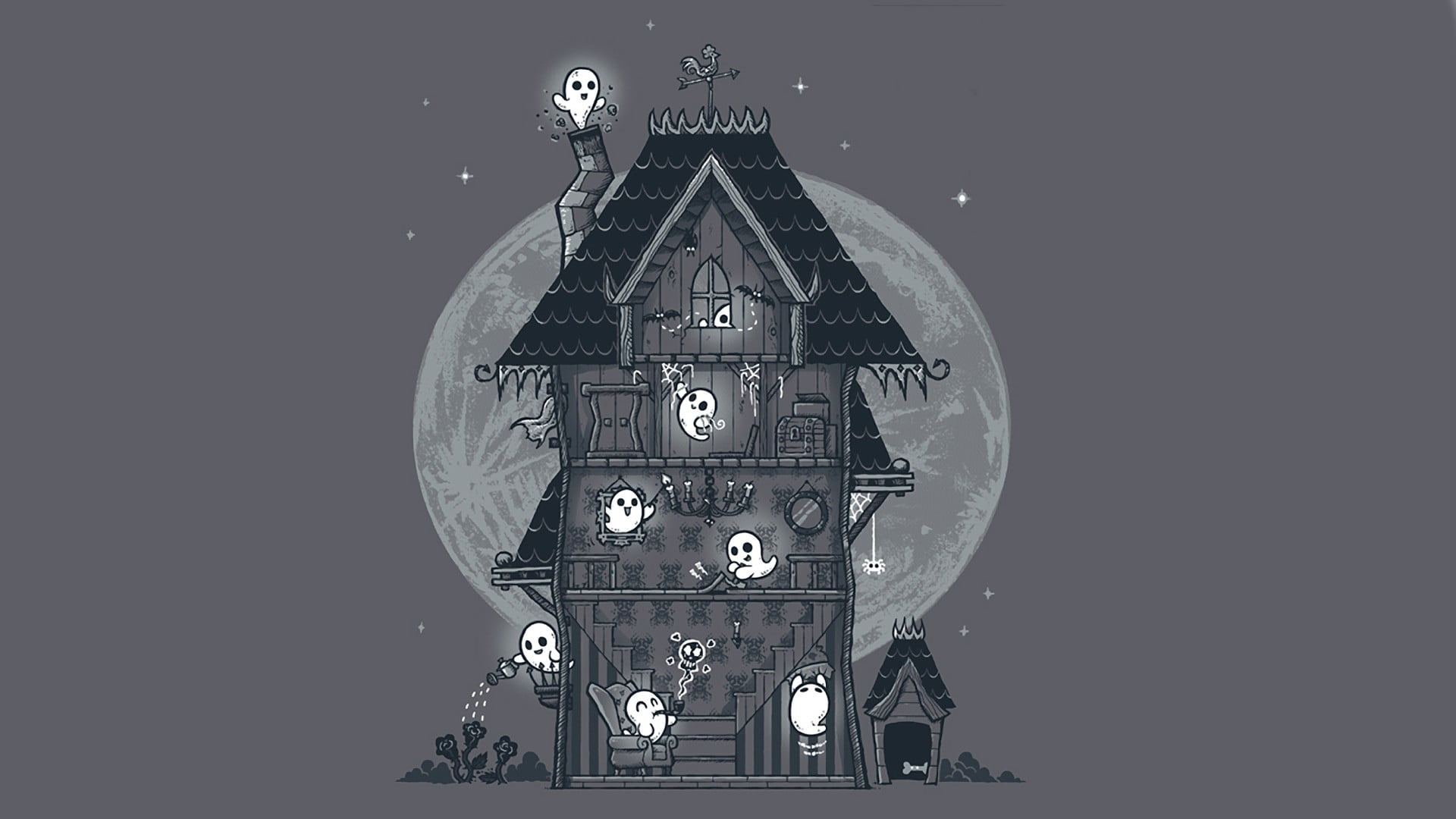 gray and white ghost house illustration, artwork, ghosts