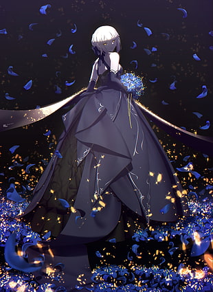 black and blue floral print dress, Fate/Grand Order, Fate/Stay Night, Saber, Saber (Fate/Grand Order) HD wallpaper