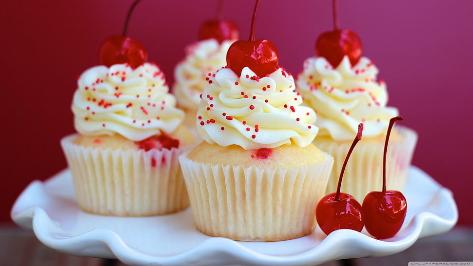 white cupcake with cherry, cupcakes, dessert, sprinkles, cherries (food) HD wallpaper
