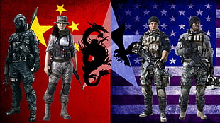 two army illustration, USA, China, dragon, eagle