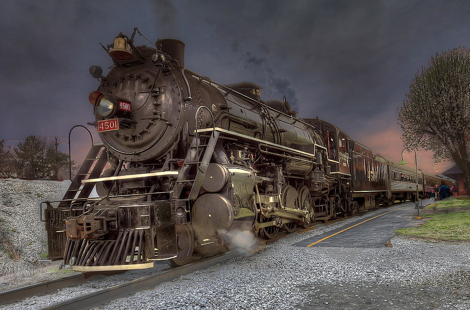 black train, vehicle, steam locomotive, nature, railway HD wallpaper