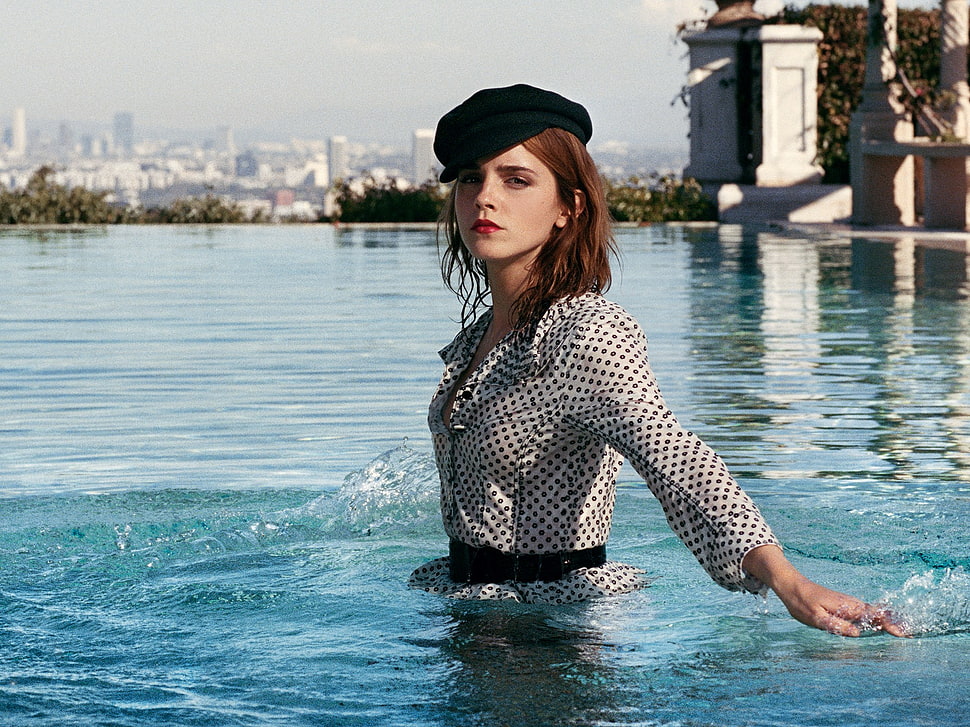 women's white and black polka-dot button-up long-sleeved top, Emma Watson, actress, brunette, women HD wallpaper