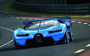 blue Bugatti Chiron coupe, Bugatti Vision Gran Turismo, blue cars, road, car