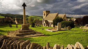 brown concrete house and tower, graveyards, architecture, church, England