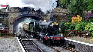 black, brown, and red train, train, railway, smoke, steam locomotive HD wallpaper