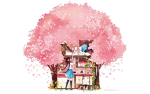 pink tree painting, kitchen, cherry blossom, school uniform, skirt