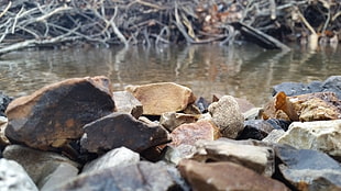 pile of rocks, water