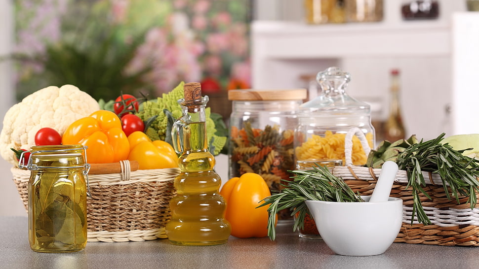 assorted vegetables with bottles of oils on table HD wallpaper