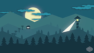 lighthouse near mountain with moon illustration, minimalism, mountains, Flatdesign