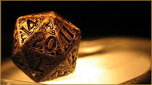gold-colored accessory, closeup, d20, dice, gold