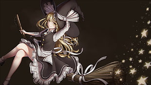 blonde haired female anime character riding broom stick illustration, blonde, braids, simple background, Kirisame Marisa HD wallpaper
