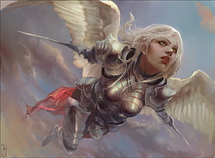 female angel with armor illustration, fantasy art