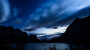 nature photography of mountain near lake, landscape, night, mountains, nature HD wallpaper