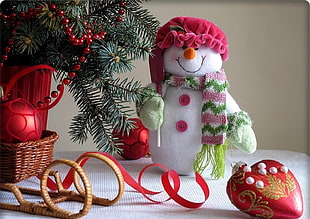 snowman plush toy beside Christmas tree