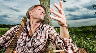 man wearing white and brown plaid print dress shirt HD wallpaper