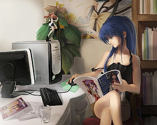 blue hair female anime character at black sleeveless tops digital wallpaper