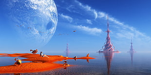 orange and black fish with fish, science fiction, fantasy art, artwork